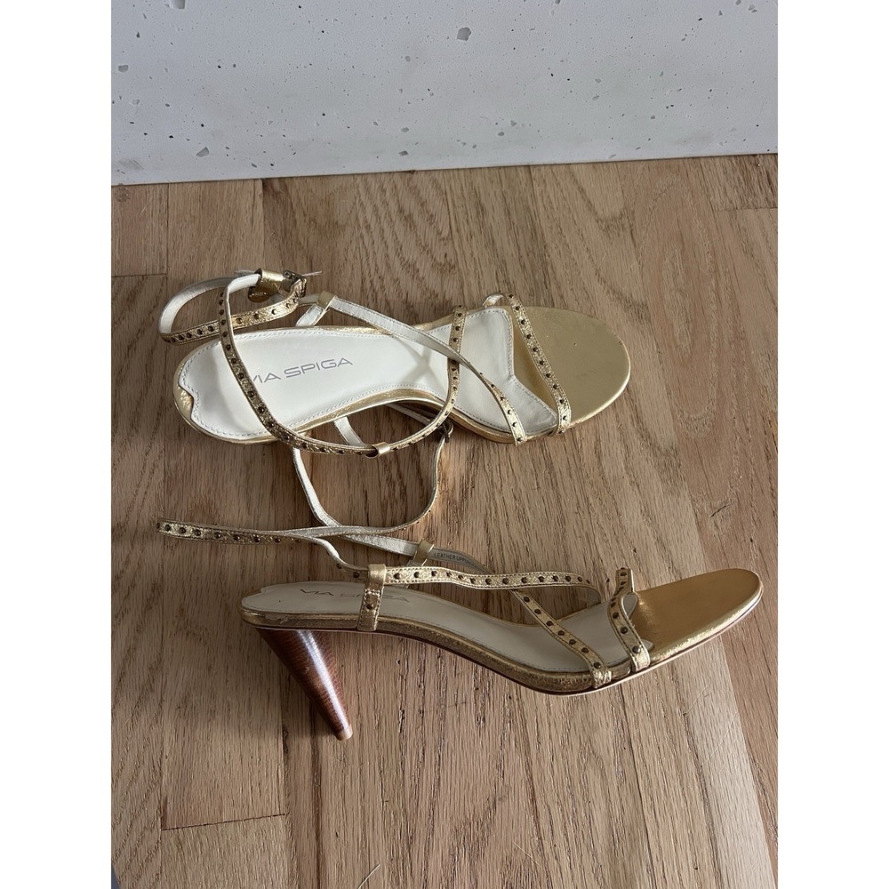 Vintage y2k 2000s strappy Gold Stud high Wood Cone heel sandals Size 8 Via Spiga